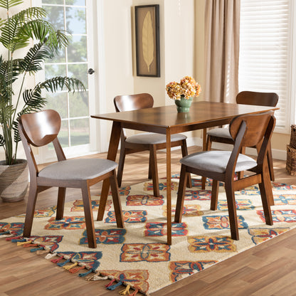 Damara Dining Set Mid-Century Modern Grey Fabric Upholstered Walnut Brown Finished Wood 5-Piece