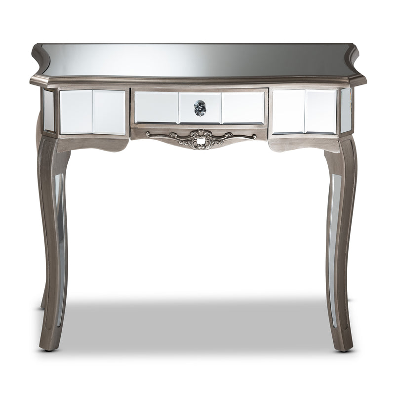 Elgin Console Table Contemporary Glam Luxe Design Brushed Silver Finished Wood Mirrored Glass with 1 Drawer for Stylish Storage