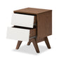 Hildon Mid-Century Modern Nightstand with 2 Drawers in White and Walnut for Stylish Bedroom Storage