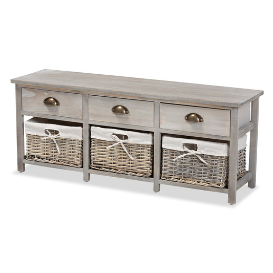 Mabyn Storage Bench - Modern Light Grey Wood with 3 Drawers and Baskets for Organized Living