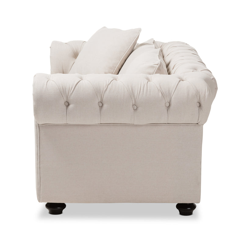 Alaise Loveseat Modern Classic Beige Linen Tufted Scroll Arm Chesterfield