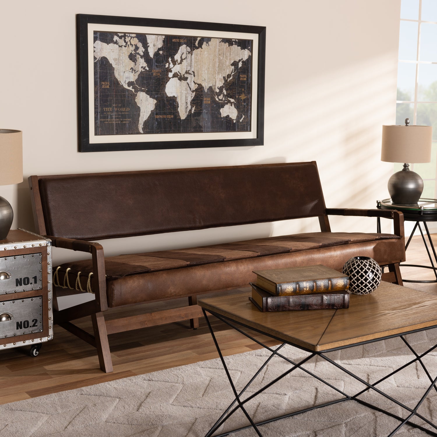 Rovelyn Rustic Brown Faux Leather Sofa with Walnut Wood Frame and Upholstered Design