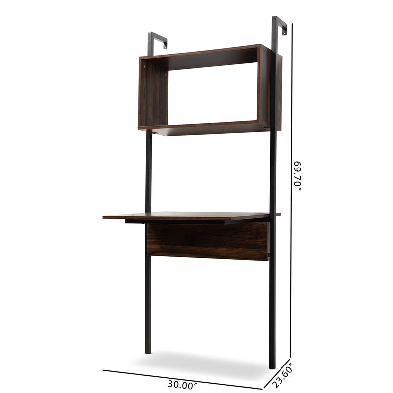 Fariat Display Shelf - Modern Industrial Walnut Brown Wood and Black Metal with Integrated Desk for Stylish Storage and Organization