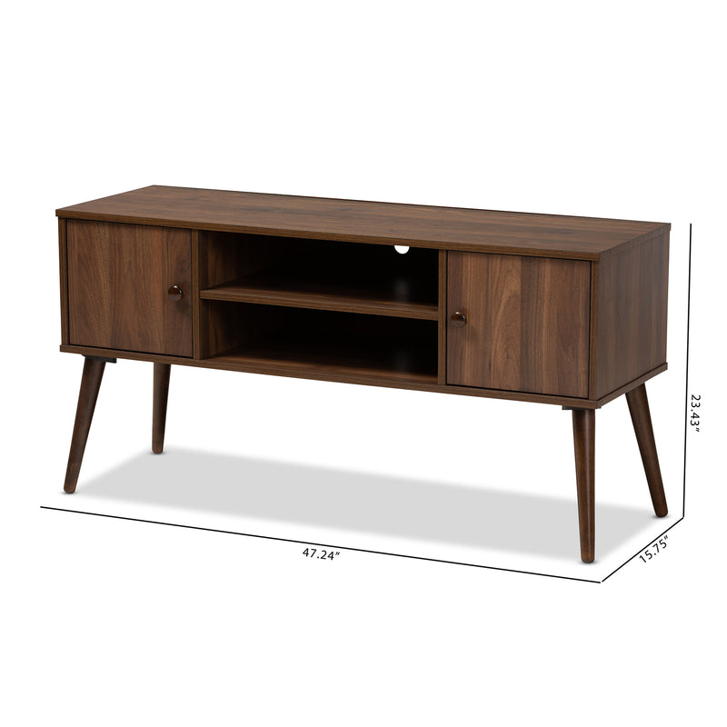 Alard Mid-Century Modern TV Stand Walnut Brown Finished 2-Door Wood Entertainment Center with Storage for Living Room