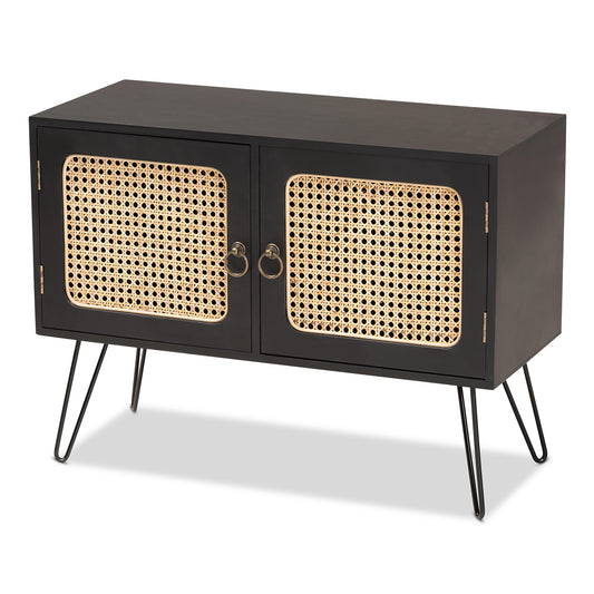 Davion Sideboard Mid-Century Modern Espresso Brown Wood and Black Metal 2-Door Buffet with Rattan Accents for Stylish Storage