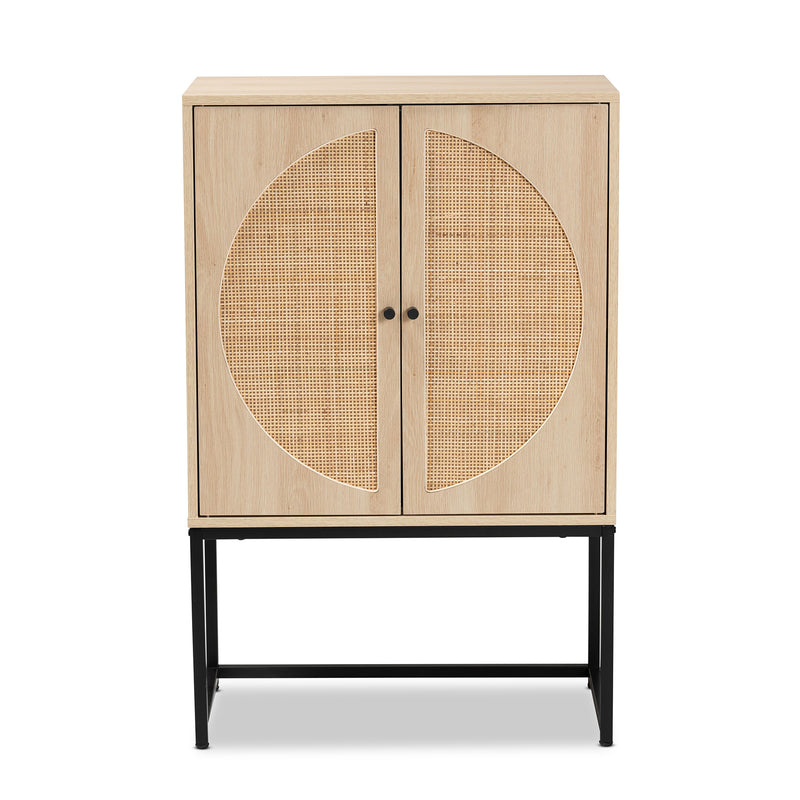 Ardon Storage Cabinet Bohemian Light Brown Wood and Black Metal 2-Door Design with Natural Rattan Accents for Stylish Home Organization