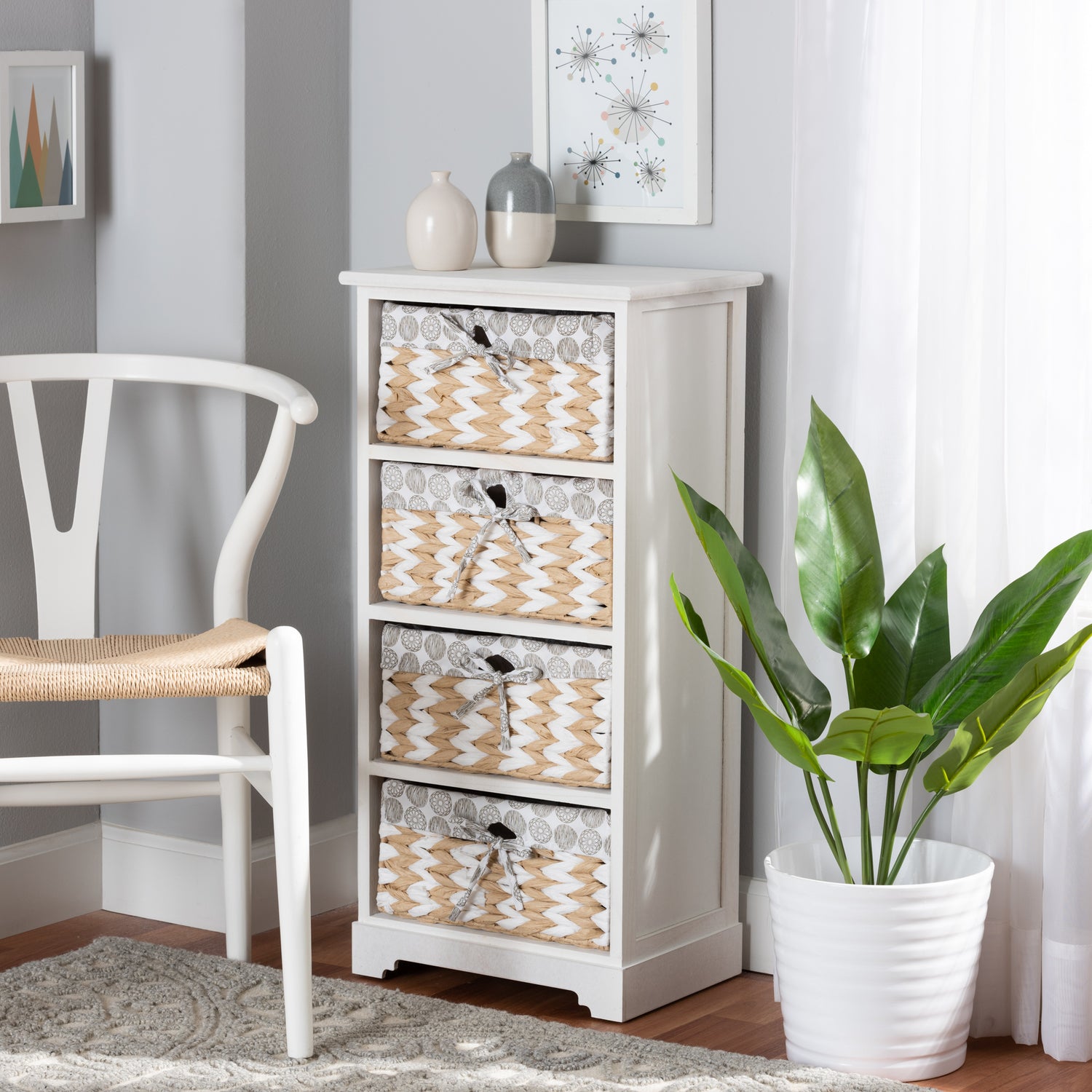 Rianne Storage Unit Modern White Finished Wood with 4 Baskets for Organized Living and Stylish Home Décor