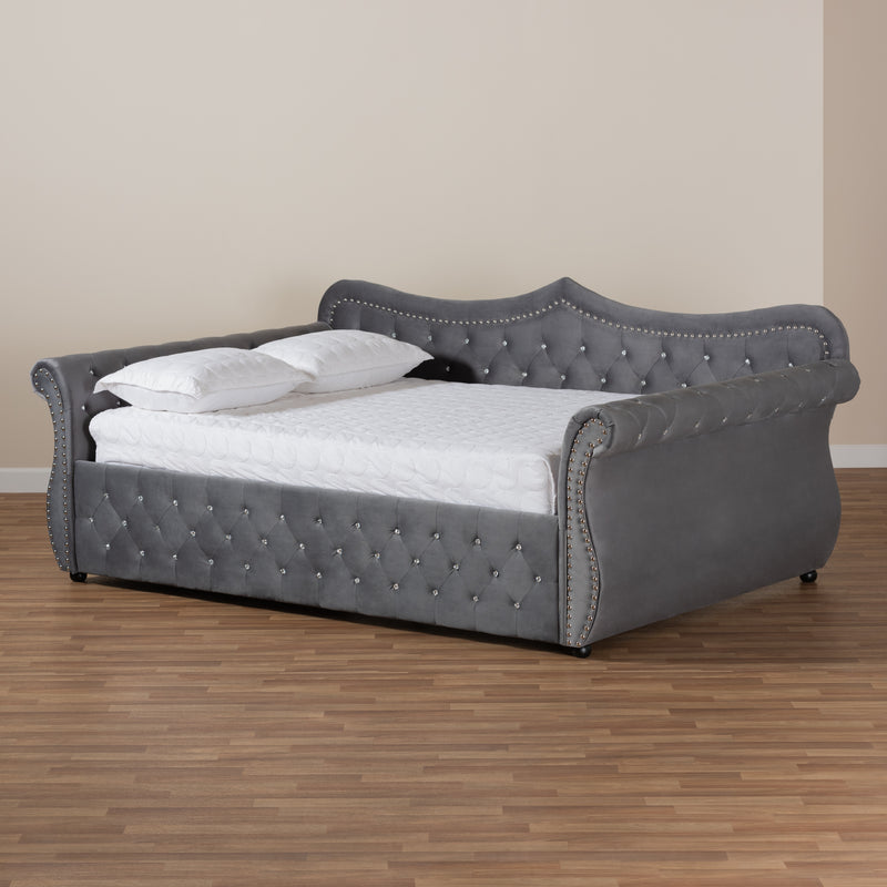 Abbie Daybed - Traditional and Transitional Grey Velvet Fabric Upholstered with Crystal Tufting