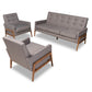 Perris Mid-Century Modern 3-Piece Living Room Set in Light Grey Fabric with Walnut Finished Accents