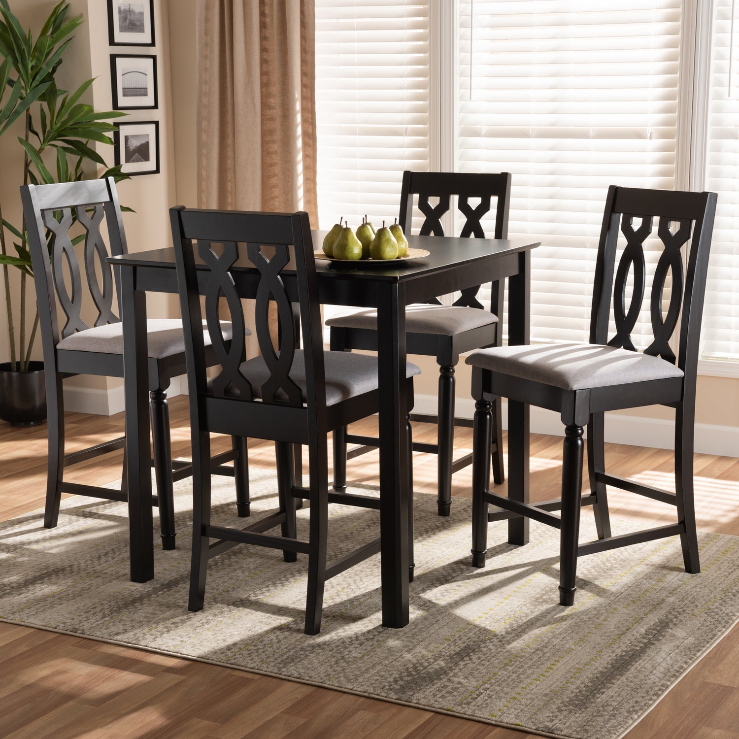 Darcie Pub Set Modern and Contemporary Grey Fabric Upholstered Espresso Brown Finished 5-Piece Wood