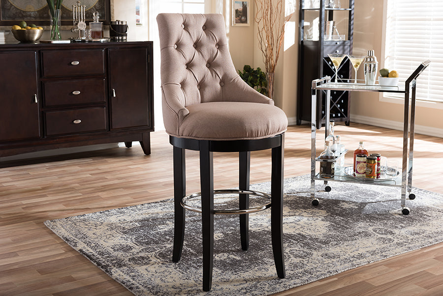 Harmony Bar Stool - Modern Beige Fabric Upholstered Design with Button-Tufting and Metal Footrest