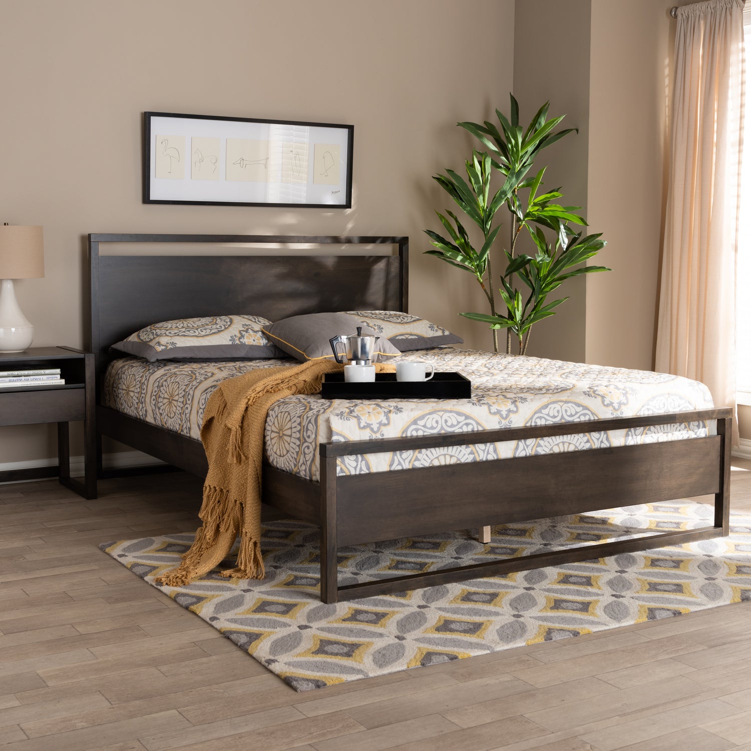 Inicio Queen Size Platform Bed in Charcoal Brown Finished Wood - Modern Contemporary Design for Stylish Bedrooms