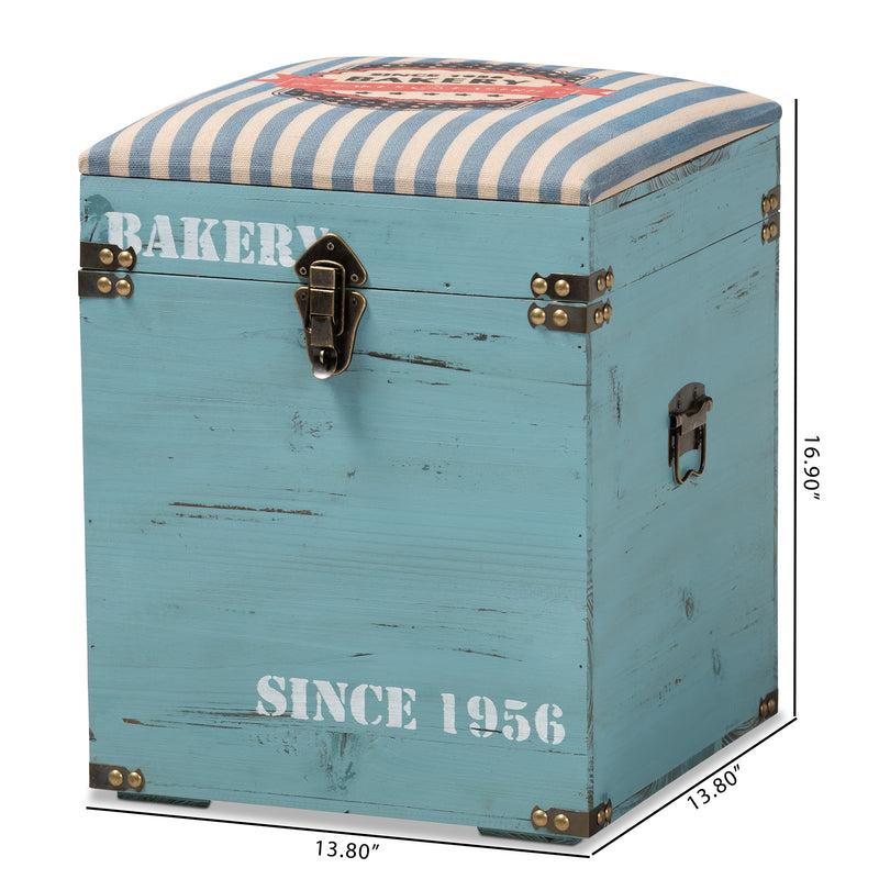 Caye Vintage Storage Trunk Ottoman Striped Fabric Upholstered with Light Blue Wood Finish