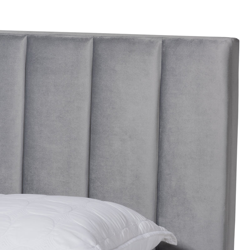 Clare Glam and Luxe Panel Bed - Grey Velvet Fabric Upholstered with Channel Tufted Headboard