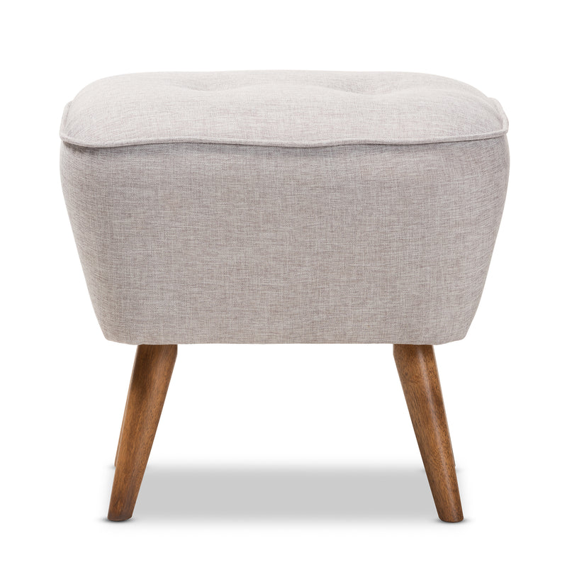 Petronelle Ottoman Mid-Century Modern Greyish Beige Fabric Upholstered Walnut Brown Finished Wood