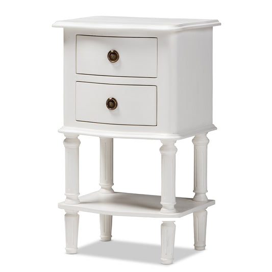 Audrey Nightstand Country Cottage Farmhouse Style White Finish with 2 Drawers for Bedroom Storage