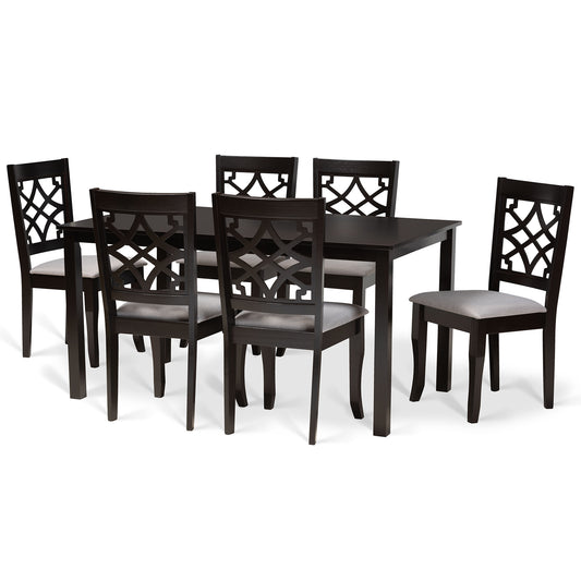 Mael Dining Set Modern Contemporary Grey Fabric Upholstered Dark Brown Finished Wood 7-Piece