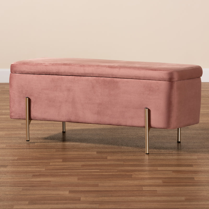 Rockwell Storage Bench Contemporary Glam Luxe Blush Pink Velvet Fabric Upholstered Gold Finished Metal