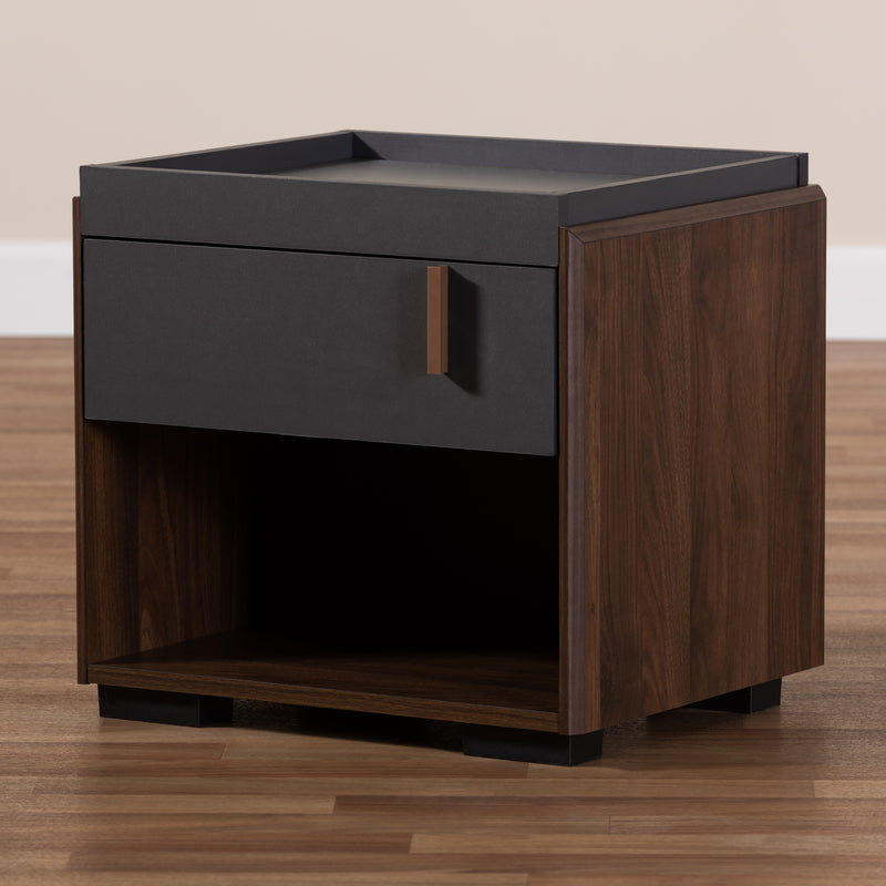 Rikke Nightstand - Modern Two-Tone Gray and Walnut Wood with 1 Drawer for Stylish Bedroom Storage