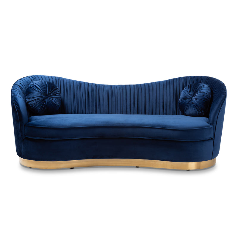 Nevena Glam Royal Blue Velvet Sofa - Luxurious Upholstered Couch with Gold Accents for Elegant Living Room Decor