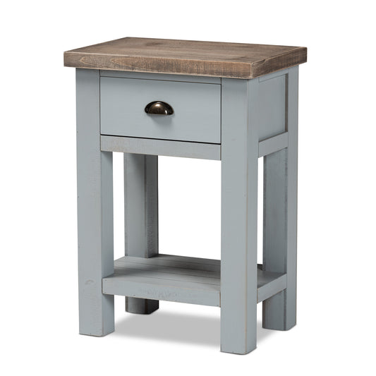 Hastin End Table Classic Two-Tone Grey and Antique Brown Wood with 1 Drawer for Living Room or Bedroom Storage