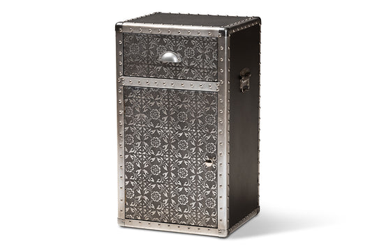 Cosette Vintage Industrial Silver Metal Floral Accent Cabinet with Decorative Design and Storage for Home Decor