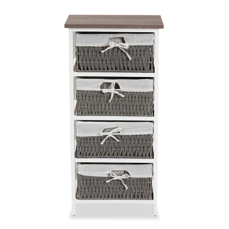 Terena Storage Unit - Modern Two-Tone Walnut Brown and White Wood with 4 Baskets for Organized Living and Stylish Décor