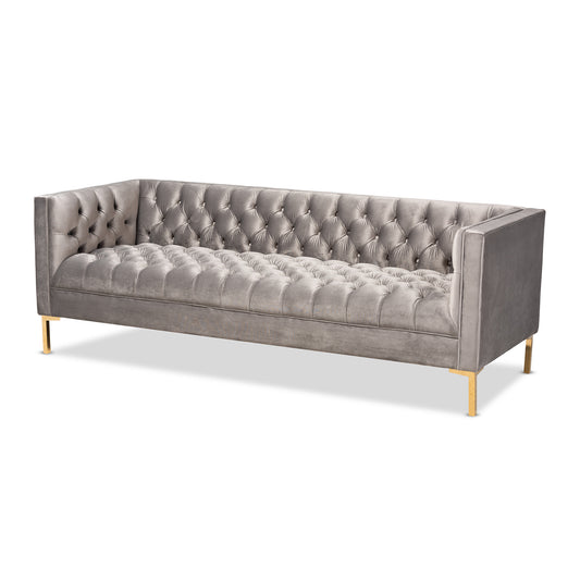 Zanetta Glam Gray Velvet Sofa with Luxe Gold Finish