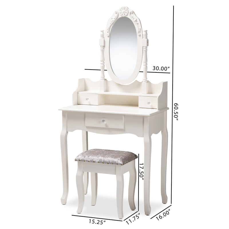 Veronique 2-Piece Vanity Set Traditional French Provincial White Wood Vanity Table with Mirror and Matching Ottoman for Elegant Bedroom Decor