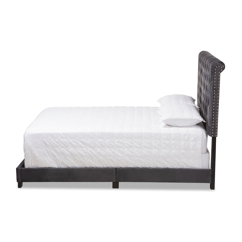 Candace Luxe and Glamour Dark Grey Velvet Upholstered Bed