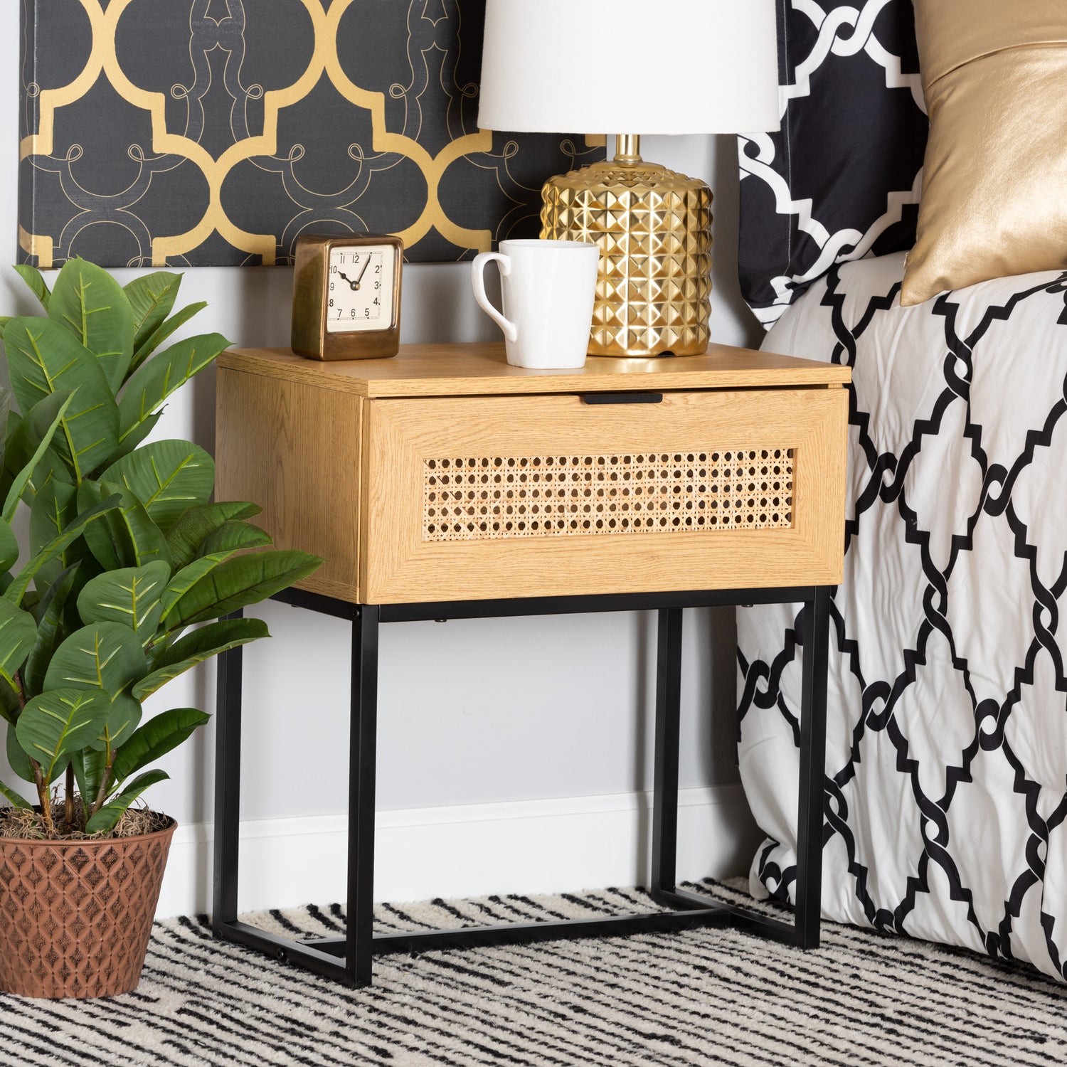 Sawyer End Table - Mid-Century Modern Industrial Design in Oak Brown Wood and Black Metal with 1 Drawer and Rattan Accent