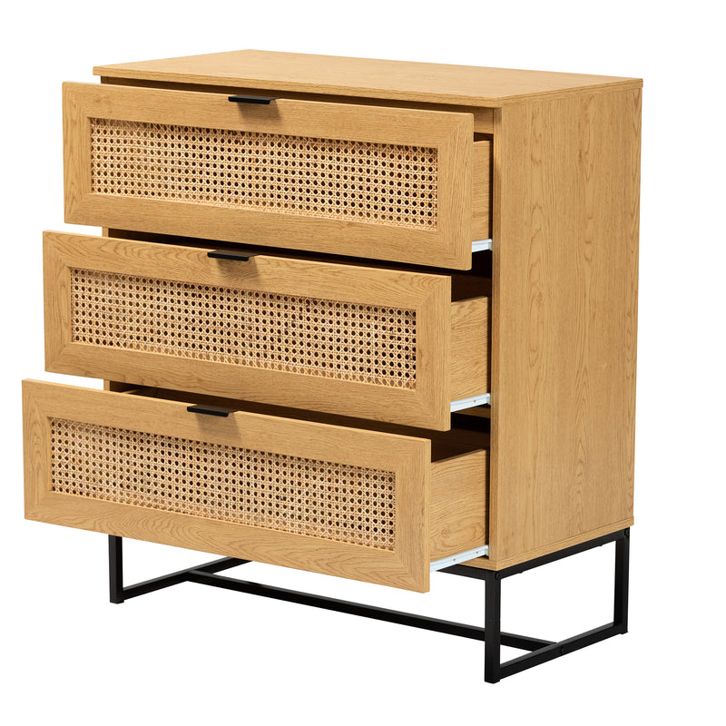 Sawyer 3-Drawer Storage Cabinet in Oak Brown Wood and Black Metal with Natural Rattan Accents - Mid-Century Modern Industrial Design