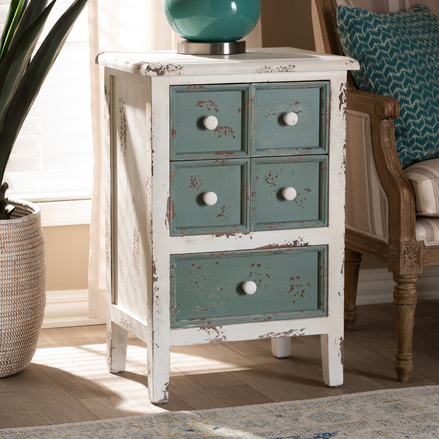 Angeline Storage Cabinet Antique French Country Cottage Style Distressed White and Teal Finish with 5 Drawers for Stylish Organization