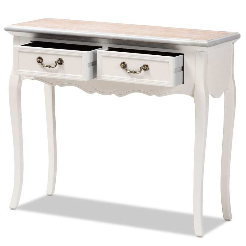 Capucine Console Table Antique French Country Cottage Style Two-Tone Whitewashed Oak and White Wood 2-Drawer Design