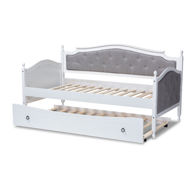 Marlie Twin Size Daybed with Trundle Classic Grey Fabric Upholstered Design on White Finished Wood Frame