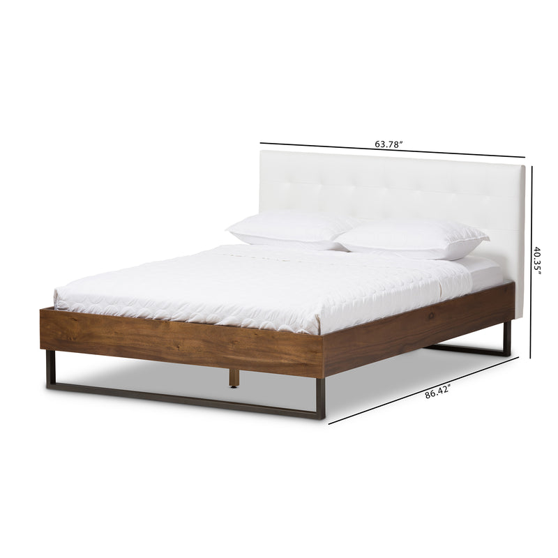 Mitchell Platform Bed - Rustic Industrial Walnut Wood with White Faux Leather and Dark Bronze Metal