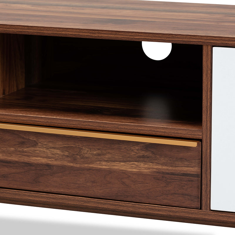 Grover Mid-Century Modern TV Stand - Two-Tone Cherry Brown and White Wood with 2 Doors for Stylish Living Room Storage