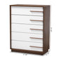 Mette Mid-Century Modern 5-Drawer Wood Chest in Two-Tone White and Walnut, Stylish Storage for Bedroom or Living Room