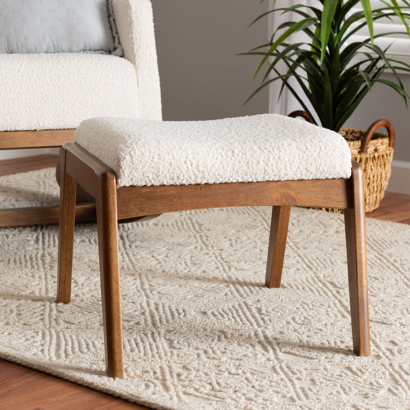 Roxy Ottoman Mid-Century Modern Off-White Boucle Upholstered Walnut Brown Finished Wood Footstool