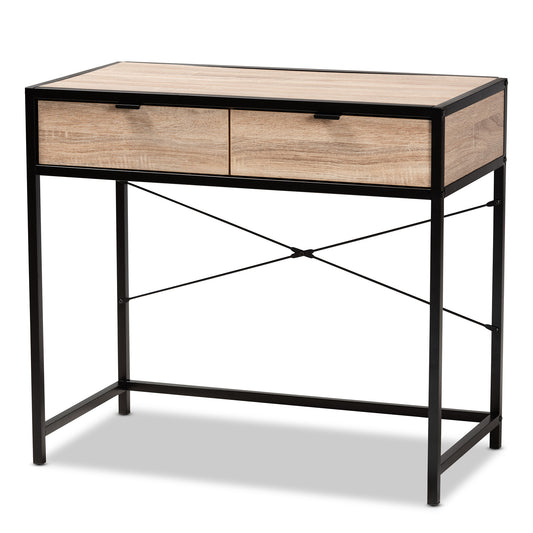 Grayer Modern Industrial Desk Natural Brown Wood with Black Metal 2-Drawer Workstation for Home Office or Study