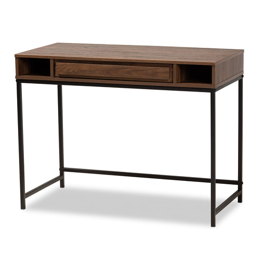 Cargan Desk Modern and Contemporary Walnut Brown Finished Wood and Black Metal 1-Drawer