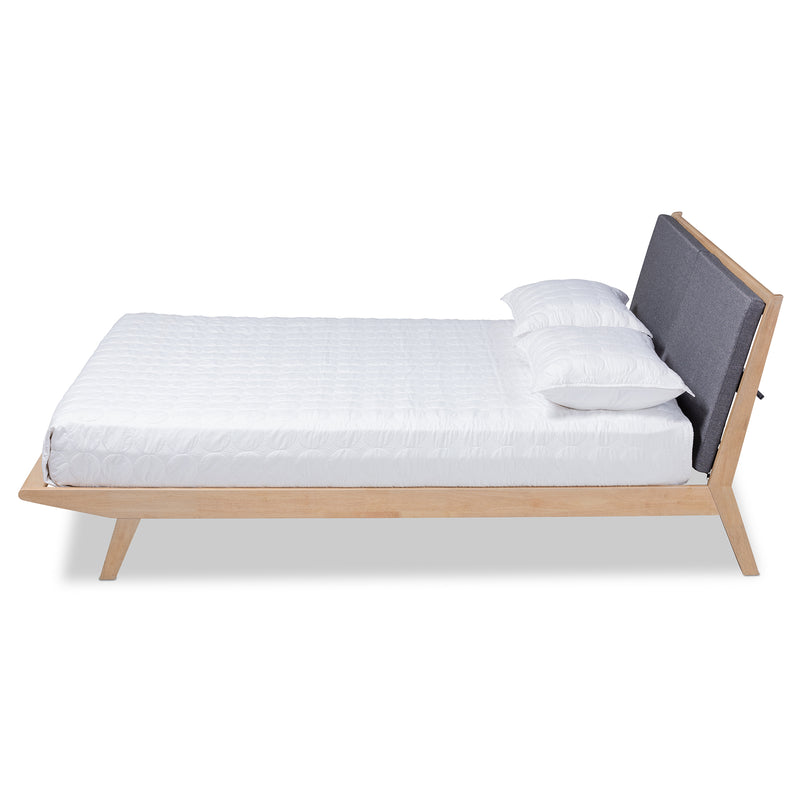 Emile Platform Bed - Modern and Contemporary Grey Fabric Upholstered with Natural Oak Finished Wood