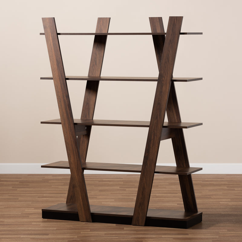 Michio 5-Tier Wood Display Shelf Modern Walnut Brown Geometric Design for Living Room Storage and Decoration