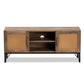 Veanna TV Stand Bohemian Natural Brown Wood and Black Metal 2-Door Design with Synthetic Rattan Accents for Stylish Living Room Storage