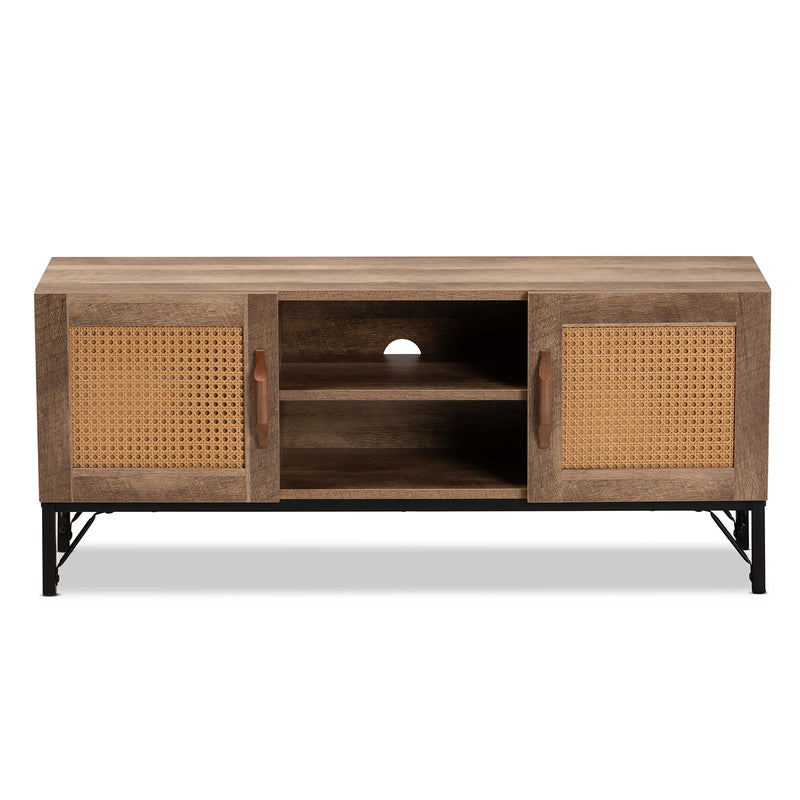 Veanna TV Stand Bohemian Natural Brown Wood and Black Metal 2-Door Design with Synthetic Rattan Accents for Stylish Living Room Storage