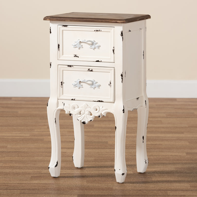 Levron End Table Classic Two-Tone Walnut Brown and Antique White Wood with 2 Drawers for Living Room or Bedroom Storage