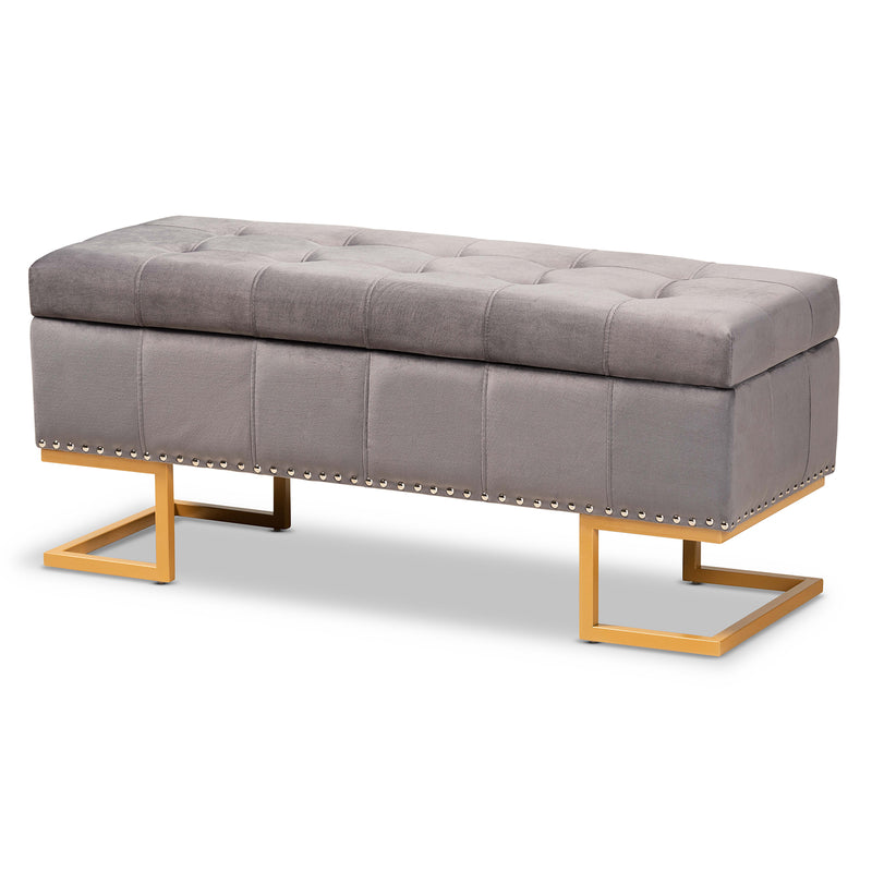 Ellery Ottoman Luxe and Glam Grey Velvet Fabric Upholstered Gold Finished Metal Storage