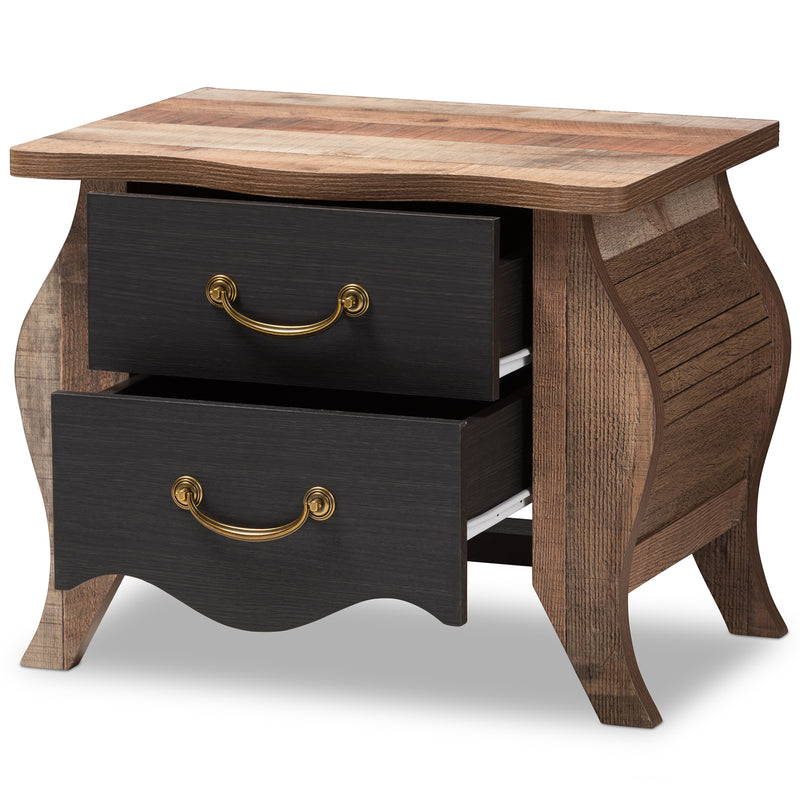 Romilly Nightstand Country Cottage Farmhouse Style Black and Oak-Finished Wood 2 Drawers for Storage and Rustic Charm