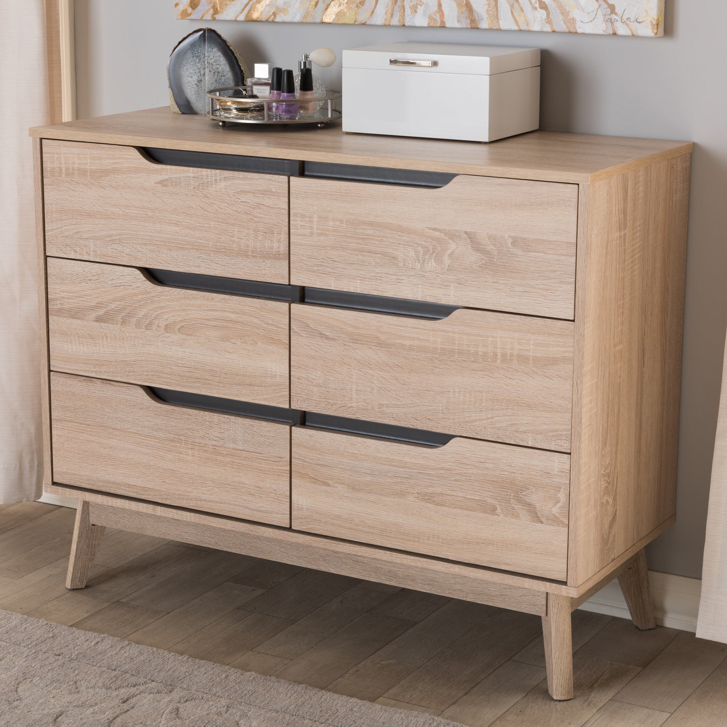 Fella Mid-Century Modern Dresser Two-Tone Oak and Grey Wood 6-Drawer Storage for Stylish Bedrooms