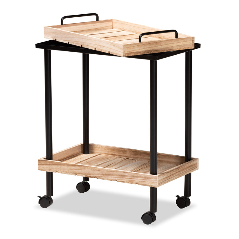 Olinda Kitchen Cart Modern Contemporary Design Oak Brown Finished Wood Black Metal Accents